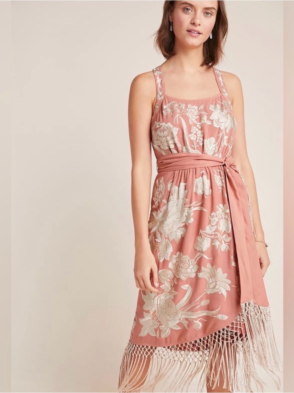 Anthropologie Coral-Pink Floral Midi Dress with Tie and Fringe
